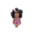Realistic dark skin baby doll with curly hair wearing a purple floral sleeveless dress - 18CM Girl Doll Style 1