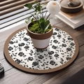 Absorbent leather round vase mat with elegant black rose floral pattern and brown trim - French Vintage Style-G