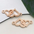 Rose gold double heart connectors with grid texture for DIY jewelry making and necklaces - Hollow Double Heart Link
