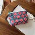 Detail of vintage cotton mini pouch with floral print on a wooden tray with decor - Deep Blue Red Floral