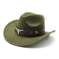 Chapeau de cowboy vert armée en feutre avec bandeau en cuir brun et emblème de taureau - M (56-58cm) / Vert Militaire