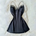Elegant black satin nightgown with delicate lace trim and adjustable cross straps - S / Black