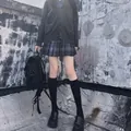 Classic school style JK uniform set with dark grey cardigan and navy plaid pleated skirt - Plus Size / Calf Socks / Black JK Calf Socks