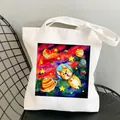 White canvas tote bag featuring cute cartoon Corgi astronaut print in colorful space - C10-Astronaut Corgi