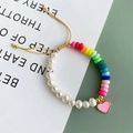 Rainbow clay bead bracelet with freshwater pearls and a pink enamel heart charm - Pink Heart Pendant/Multicolor