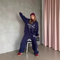 Dark blue oversized half-zip sweatshirt and wide-leg sports trousers set with white print - S / Blue