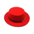 Red wool felt boater hat with black leather band and gold metal chain accent - M (56-58cm) / Red