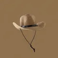 Sombrero vaquero de paja en color tostado con banda de cuero negro y correa ajustable - Ajustable / Caqui-Hebilla de Cuero Botón de Madera