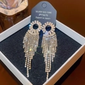 Detailed close-up of s925 silver long tassel earrings with sparkling cubic zirconia crystals - E0362 Gold Silver Needle (Full Diamond Geometric Circle Tassel Gold)