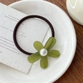Elegant green acetate flower hair tie with white pearl center on high-elastic black band - Hair Tie / Green