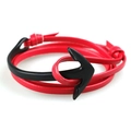 Detail view of red multi-layer leather cord with a black metal anchor hook clasp - Black Red