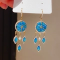 Elegant gold earrings with navy blue gemstones and dreamcatcher fringe design - Style 47# Ear Hook-Gold-Blue