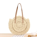 Minimalist round paper rope woven shoulder bag in beige with brown leather handles - Large Beige Hollow