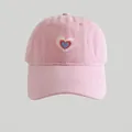 Pink cotton baseball cap with three-color heart embroidery and curved sun visor - Pink