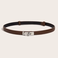 Detailed view of brown leather skinny belt featuring a polished silver swivel lock buckle - Silver Lock Adjustable Belt (1.8 Beveled Edge) Brown