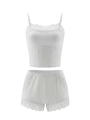 Close-up of white lace trim on the wireless cotton camisole and matching shorts set - S / White
