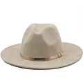 Classico fedora in pelle scamosciata beige a tesa larga con fibbia dorata chic - M / Beige