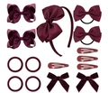 15-piece wine red set with ribbed bows hair clips and headbands for girls - Burgundy