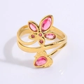 Golden titanium steel open ring with pink zircon flowers and a heart-shaped charm pendant - Five-Petal Flower Pink Stone Style (JZ25-5)