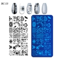 Macro detail of BC-13 nail stamping plate with floral patterns and finished nail tips - Pastoral Flower Abstract Line Style (BC-13)