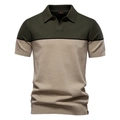 Men's retro color block knitted short sleeve polo shirt in army green and beige - Army Green Top