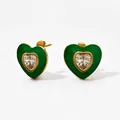 Boucles d'oreilles cœur dorées avec émail vert et oxyde de zirconium taille cœur - Vert (KDE1917)