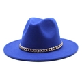 Close-up of navy blue wool fedora hat with gold and silver metallic chain detail - M (56-58cm) / Sapphire Blue