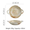 Japanese style retro ceramic shallow bowl with double handles and brown hand-painted textures - Brush Stroke Double Handle Plate