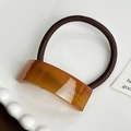 Brown acetate hair tie with golden label rectangle accent and high elastic band - 4.4cm / Brown
