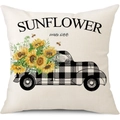 Linen sunflower market pillow cover with beige background and buffalo check truck pattern - 45x45cm Pillow Cover / Plaid Truck Sunflower Market-4 (22Y1162-4)