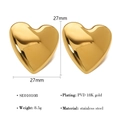 Polished 18K gold-plated stainless steel heart stud earrings with 27mm dimensions - Heart Gold Style (SE010108)