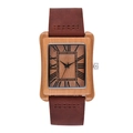 Men's rectangular wood quartz watch with Roman numerals and brown leather strap - Walnut Wood