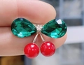 Charming cherry brooch with red round beads and green crystal leaves on silver stem - Style 7 White Cherry