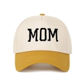 Detail of MOM embroidery on a beige and mustard yellow trucker baseball cap - Adjustable / Off-White and Mustard Yellow