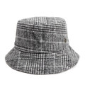 Detailed macro view of retro plaid wool bucket hat with small metallic logo tag on side - 58cm / Gray