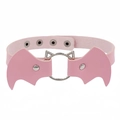 Pink PU leather punk bat wing choker necklace with heart ear ring on white background - Pink