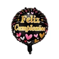 Detailed view of black 18-inch Feliz Cumpleaños foil balloon with golden heart patterns - Heart Spanish Birthday Round
