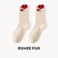 Off-white cotton mid-calf socks featuring delicate red heart embroidery and ribbed cuffs - Beige Heart