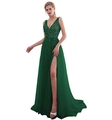 Dark green sleeveless V-neck evening gown with sparkling sequins and a high side slit - Green