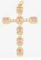 Golden cross pendant necklace with pink square zirconia stones and white background - Style 72/Gold Pink Square Clear Zircon Cross
