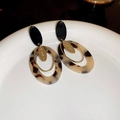 Detailed view of geometric layered oval earrings with leopard resin and golden hardware - 11# Color Block Geometric Oval (Silver Pin - Coffee - Black)