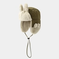 Primer plano del gorro de aviador acolchado verde militar con orejas de conejo y forro cálido - 50cm (1-3 Años) / Verde