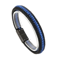 Men's braided bracelet featuring black leather, blue rope, and a black magnetic clasp - Black Blue Two-Tone Braid (KB87377-BD)
