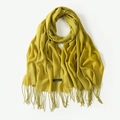 Soft yellow cashmere-feel scarf with fringe details and classic material label - Mustard Yellow