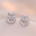 Silver bow and circle stud earrings with micro-pave cubic zirconia on pink silk - Bow Ring Full Diamond (E0185) / Silver