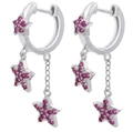 Sparkly silver star earrings with pink micro-set cubic zirconia stones and tassel detail - Silver - Red Zirconia