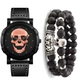 Detail of skull quartz watch with rose gold dial and lava stone skull bracelets set - Rose Gold + Bracelet