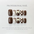 Uñas postizas artesanales marrón y crema con diseño de tablero de ajedrez y lazo 3D - Extra Pequeño (XS) / Estilo de Cuadros Marrón