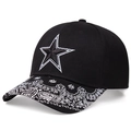 Black baseball cap with 3D star embroidery and paisley pattern brim for men and women - Adjustable / Black