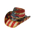 Retro USA flag straw cowboy hat with wide brim and silver eagle metal buckle detail - Adult 58cm One Size / Red Yellow Flame Graphic